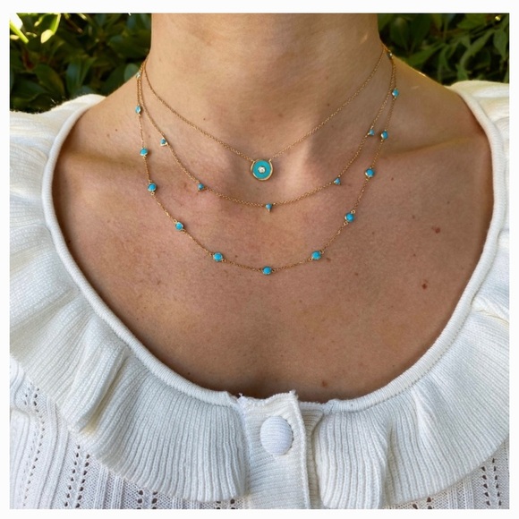 MOONDANCE 14K YELLOW GOLD INVERTED TURQUOISE TRIANGLE STATION NECKLACE - Picture 4 of 9